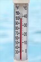 Pool thermometer showing 100 degrees Fahrenheit