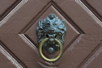Lion head door knocker on an old door