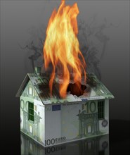 Burning house made of Euro notes illustration