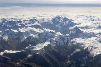 Aerial view of the Valais Alps with Mt Matterhorn and the summit Dufourspitze of Monte Rosa