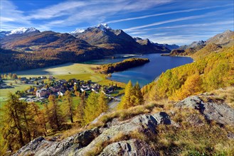 Views of Lake Sils and Piz da la Margna in autumnal Upper Engadine Sils-Baselgia