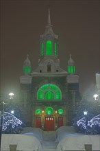 Illuminated church Paroisse Saint-Sauveur in winter