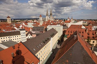 Rooftops of the historic centre with the clock tower of Old Town Hall and Regensburg Cathedral