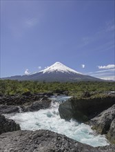 Waterfall of the Rio Petrohue and the Osorno volcano