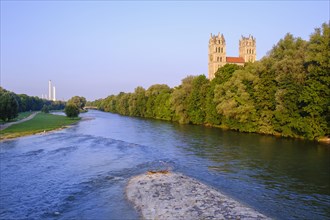 Isar with green areas and Maximilianskirche in Isarvorstadt