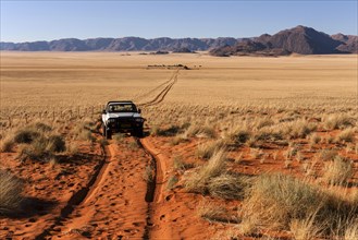 Pick-up driving through desert landscape behind the Tiras Mountains