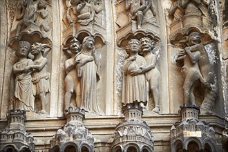 Medieval Gothic sculptures of the south portal of the Cathedral of Chartres depicting the Last Judgement