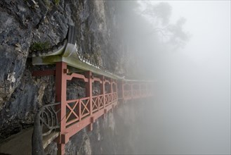 Covered hiking trail on a cliff in fog