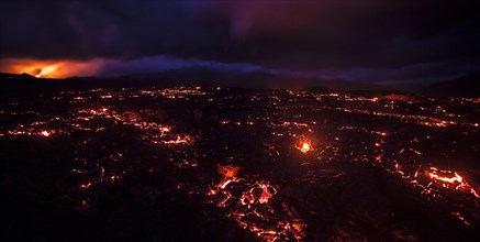 Night panorama of the eruption of the Tolbachik volcano