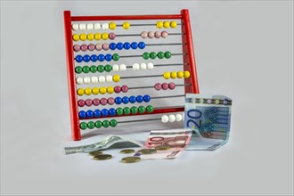 Abacus with euro notes and coins