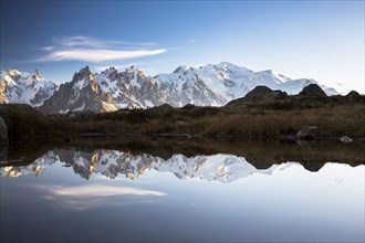 Evening light at Lac de Chesserys with mountains behind of Chamonix