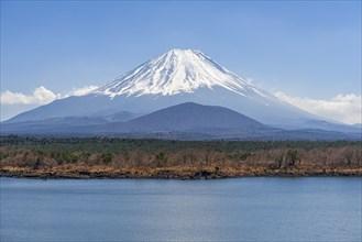 View over a lake to the volcano Mt Fuji