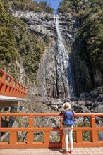 Tourist looks at Nachi Waterfall at Seigantoji Temple