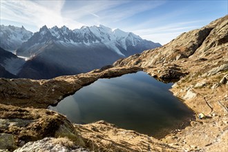 Early morning at Lake Chessery with views of Mont Blanc in Chamonix