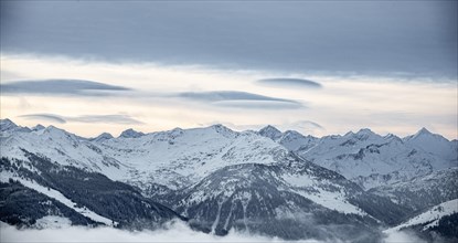 View from Hochbrixen to snow-covered main ridge of the Alps