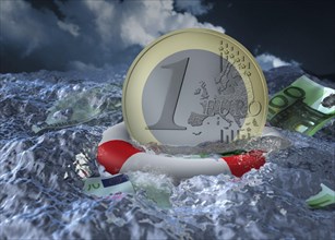 Euro coin floating in water with a life buoy