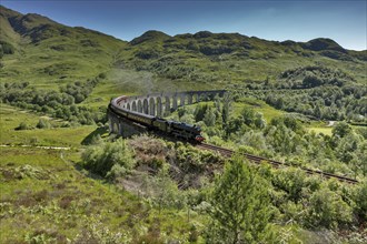 Glenfinnan viaduct from the Harry Potter films with historic train