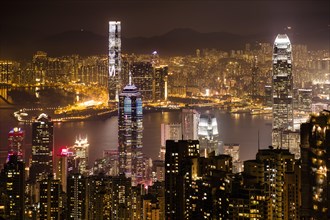 View over Hong Kong skyline from Victoria Peak at night