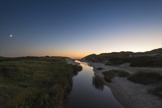 Dune landscape with river Henne Molle A at sunset