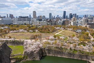View from Osaka Castle to Osaka Castle Park and city silhouette