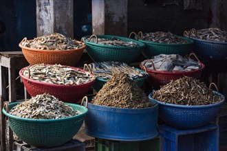 Different types of dried fish in plastic baskets on the market