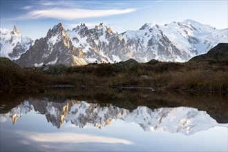 Evening light at Lac de Chesserys with mountains behind of Chamonix