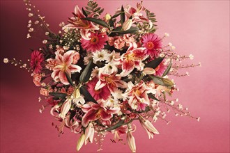 Colourful bouquet against a pink background