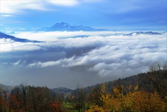 Mount Pilatus above sea of fog with autumn landscape and Lake Lucerne