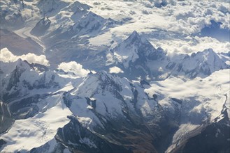 Aerial view of the Valais Alps with the mountains Dent Blanche and Matterhorn