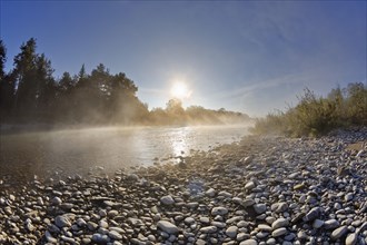 Isar river with morning fog