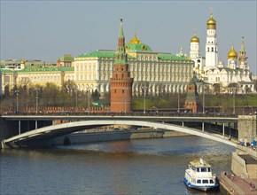 Moscow Kremlin with Kremlin palace and bell tower of Ivan the Great and Arhangelskiy Cathedral and Greater Stone Bridge