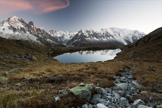 Evening light at Lac de Chesserys with mountains behind of Chamonix