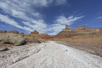 Salt deposits in a dry river bed