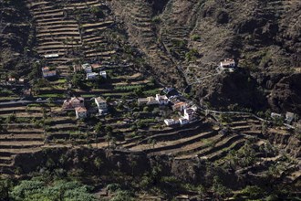 View from Mirador Cesar Manrique onto terraced fields and houses of Los Reyes