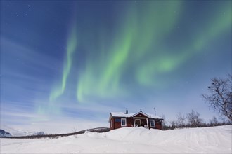 Northern Lights (Aurora borealis) above a Swedish red house in winter