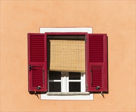 Window with red shutters and blinds