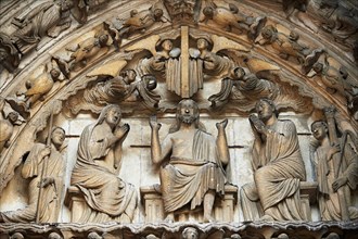 Medieval Gothic sculptures of the south portal Tympanum depicting Christ and the Last Judgement