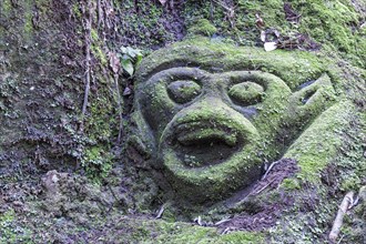 Moss-covered sculpture in the forest