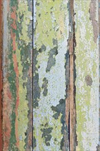 Planks with remnants of green paint flaking off