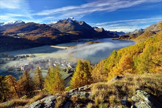 Views of Lake Sils and Piz da la Margna in autumnal Upper Engadine
