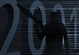Terrorist in front of digital code