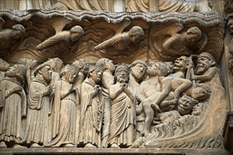 Medieval Gothic sculptures of the south portal Tympanum and lintel depicting the Last Judgement