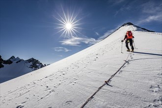 Mountaineer during the ascent on the summit ridge of the Tuckettspitze on Stelvio Pass