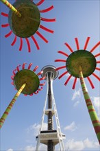Space Needle and glass flowers at Seattle Center