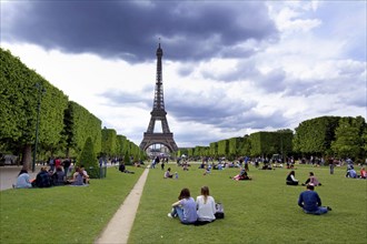 The Eiffel Tower and the Champ de Mars with tourists