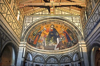 The medieval Romanesque style Byzantine mosaic of Christ between the Virgin Mary and St Minias