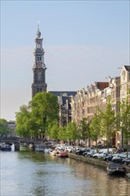 Spire of the Westerkerk church on the Prinsengracht canal