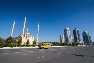 Akhmad Kadyrov Mosque and modern business buildings in Grozny