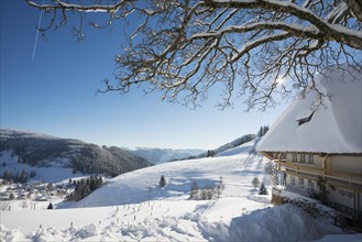 Old Black Forest house and snow-covered landscape