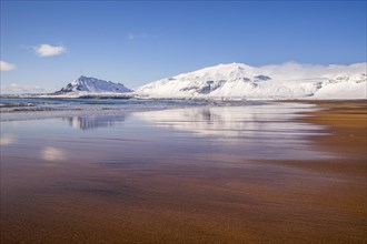 Sunny winter day on the sandy beach in front of Snaefellsjokull volcano